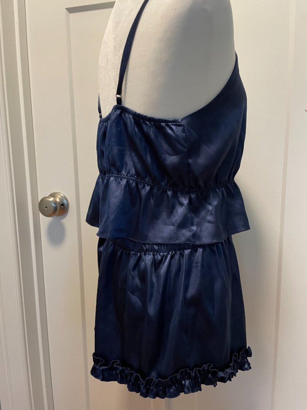 Satin Cami Ruffle Shorts Sleep Set Navy Blue Coquette Lounge Two Piece Size L/XL - Picture 4 of 14